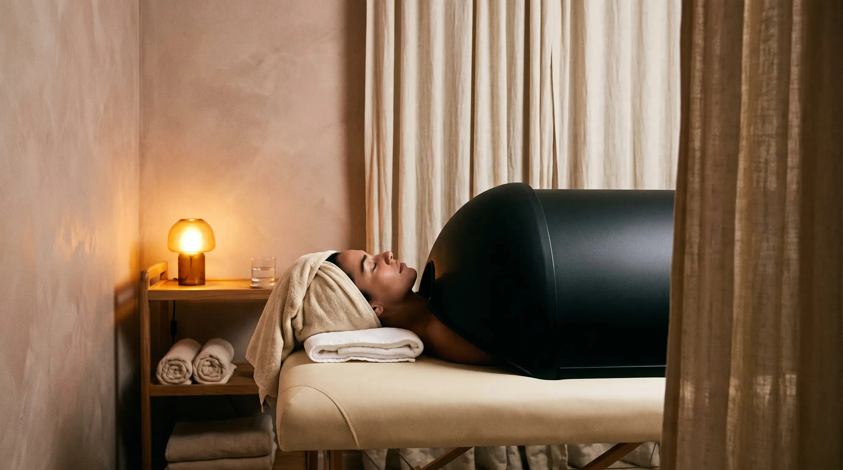 Cliente allongée sous un sauna dôme, la tête dehors, dans une lumière chaude